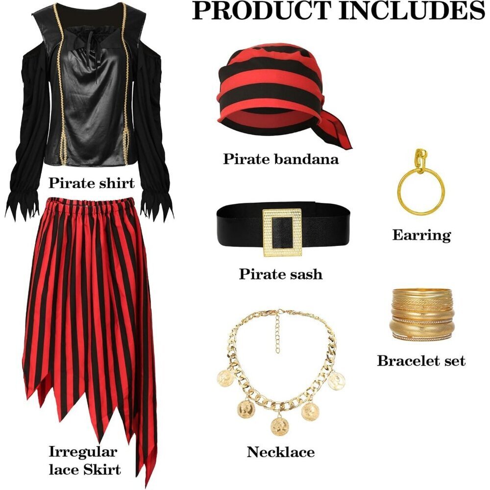 Women Pirate Costume Set Renaissance Top Skirt Accessories for Halloween - Picture 2 of 6